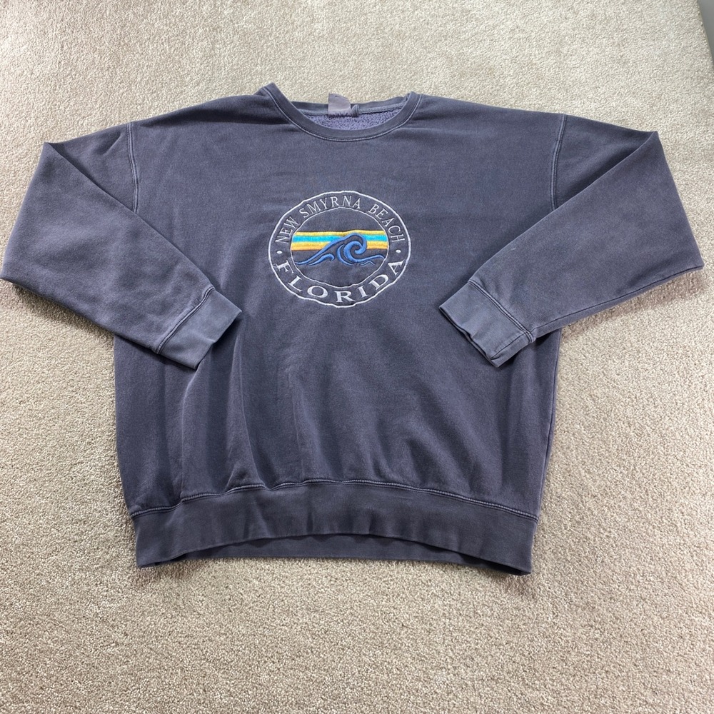 Vintage New Smyrna Beach Florida Sweatshirt Mens 2XL Blue‎ Embroidered Wave Logo